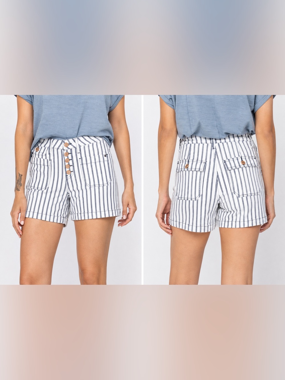 Judy Blue Striped High Waist Shorts 1X Blue White Button Fly Summer Casual
